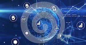 Image of computer icons with dots connected with lines and programming data against globe