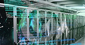 Image of computer language, connected dots, globe over data server systems in server room