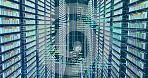 Image of computer language and grid over data server racks