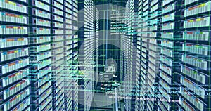Image of computer language and grid over data server racks