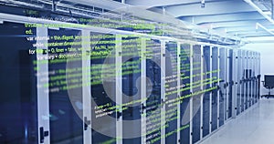 Image of computer language and lens flares over data server racks in server room