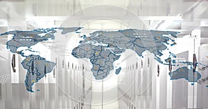 Image of computer language and map over data server room