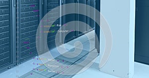 Image of computer language over data server racks