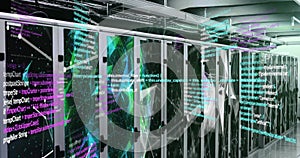 Image of computer language over globe and connected dots on data server systems