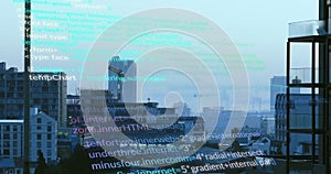 Image of computer language over modern buildings in background