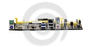 Image of Computer Motherboard on a white background. Equipment.