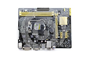 Image of Computer Motherboard on a white background. Equipment.