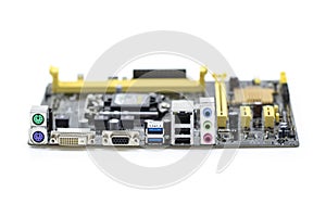 Image of Computer Motherboard on a white background. Equipment a