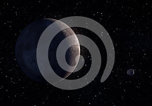 Artwork of Makemake dwarf planet and his small moon MK2 in the K