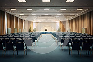 An image of a conference room with empty rows of chairs, ready for a meeting or event, Konferenz Saal, AI Generated