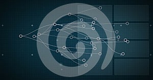 Image of connected circles over radar, globe, graph and circuit board pattern in background