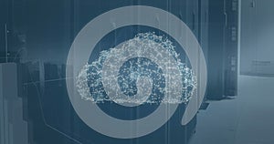 Image of connected dots forming cloud and graphs over data server racks