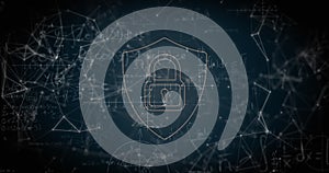 Image of connections, data and digital shield with padlock on black background