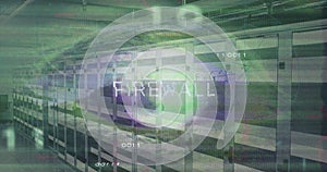 Image of connections, firewall and globe over servers