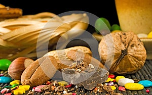 Image of cookies, cup of coffee, chocolate, candy close-up