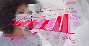 Image of coronavirus cells and diagram over doctor taking temperature of biracial woman