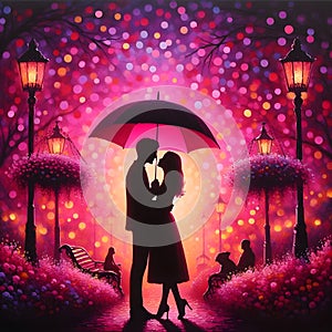 image of a couple kissing under the red umbrella painted in dima dmitriev style.