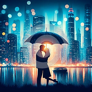 image of a couple kissing under the red umbrella painted in dima dmitriev style.