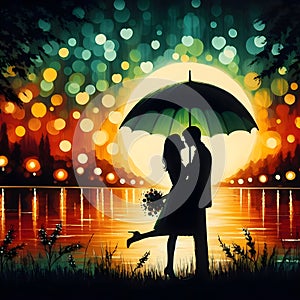 image of a couple kissing under the red umbrella painted in dima dmitriev style.