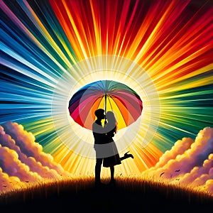 image of a couple kissing under the red umbrella painted in dima dmitriev style.