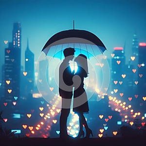 image of a couple kissing under the red umbrella painted in dima dmitriev style.