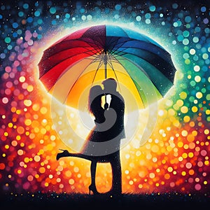 image of a couple kissing under the red umbrella painted in dima dmitriev style.