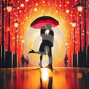 image of a couple kissing under the red umbrella painted in dima dmitriev style.