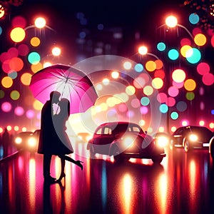 image of a couple kissing under the red umbrella painted in dima dmitriev style.