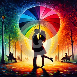 image of a couple kissing under the red umbrella painted in dima dmitriev style.