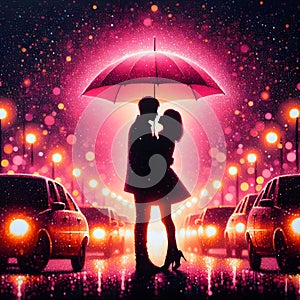 image of a couple kissing under the red umbrella painted in dima dmitriev style.