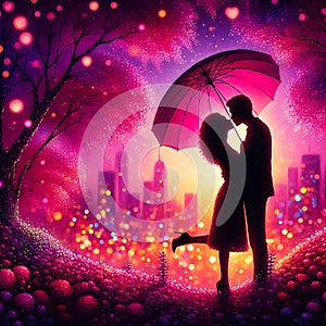 image of a couple kissing under the red umbrella painted in dima dmitriev style.