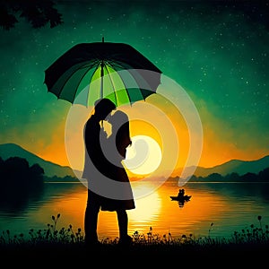 image of a couple kissing under the red umbrella painted in dima dmitriev style.