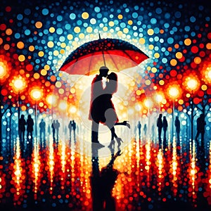 image of a couple kissing under the red umbrella painted in dima dmitriev style.