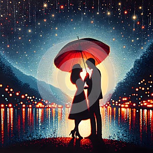 image of a couple kissing under the red umbrella painted in dima dmitriev style.