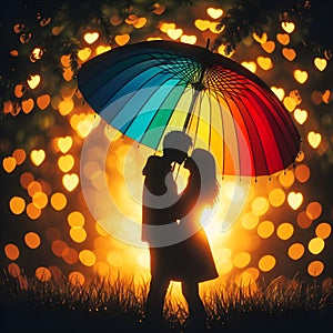 image of a couple kissing under the red umbrella painted in dima dmitriev style.