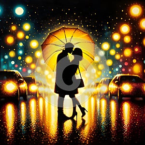 image of a couple kissing under the red umbrella painted in dima dmitriev style.