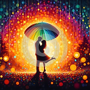 image of a couple kissing under the red umbrella painted in dima dmitriev style.