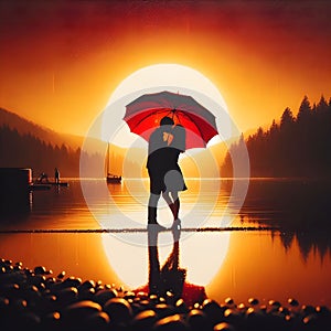 image of a couple kissing under the red umbrella painted in dima dmitriev style.