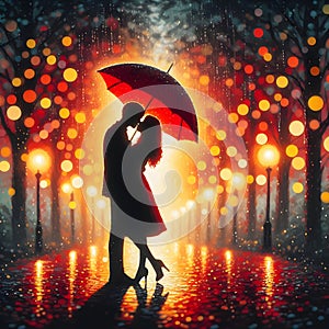 image of a couple kissing under the red umbrella painted in dima dmitriev style.