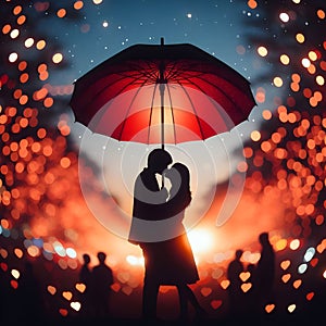 image of a couple kissing under the red umbrella painted in dima dmitriev style.