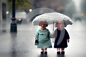 image of the couple walking together on the street during the pouring rain.