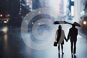 image of the couple walking together on the street during the pouring rain.