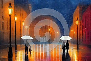 image of the couple walking together on the street during the pouring rain.