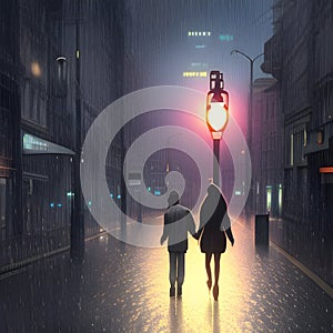 image of the couple walking together on the street during the pouring rain.