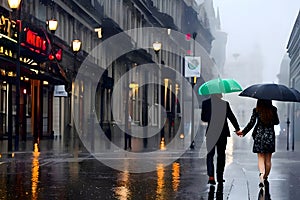 image of the couple walking together on the street during the pouring rain.