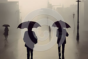 image of the couple walking together on the street during the pouring rain.