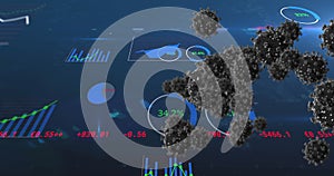 Image of covid 19 cells and data processing on blue background