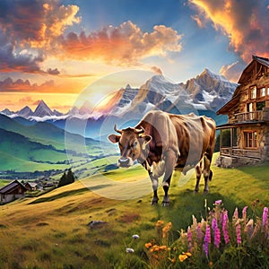 image of the cow grazing on a mountain pasture in a summer panoramic view with mountain range.