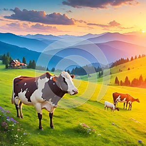 image of the cow grazing on a mountain pasture in a summer panoramic view with mountain range.