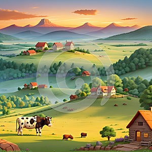 image of the cow grazing on a mountain pasture in a summer panoramic view with mountain range.